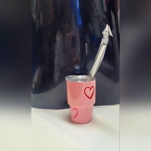 Pink 3oz tiny shot glass stainless steel cup with straw and lid. Heart designs